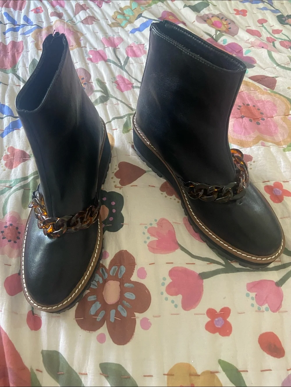 Coconuts by Matisse Black Leather Platform Ankle Boots with Tortoiseshell Chain